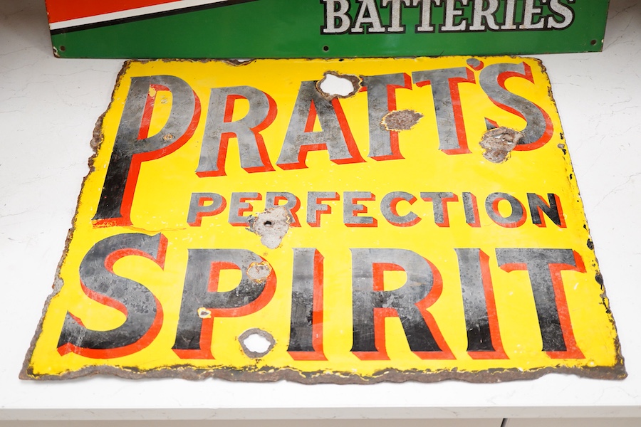 Two enamel signs; Pratt’s perfection Spirit - 52cm wide x 45cm high and Long Life Lithanode Batteries